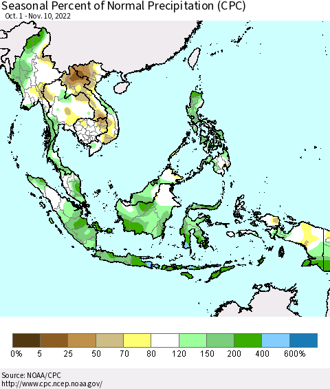 South East Asia Seasonal Percent of Normal Precipitation (CPC) Thematic Map For 10/1/2022 - 11/10/2022