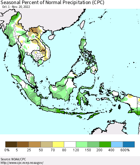 South East Asia Seasonal Percent of Normal Precipitation (CPC) Thematic Map For 10/1/2022 - 11/20/2022