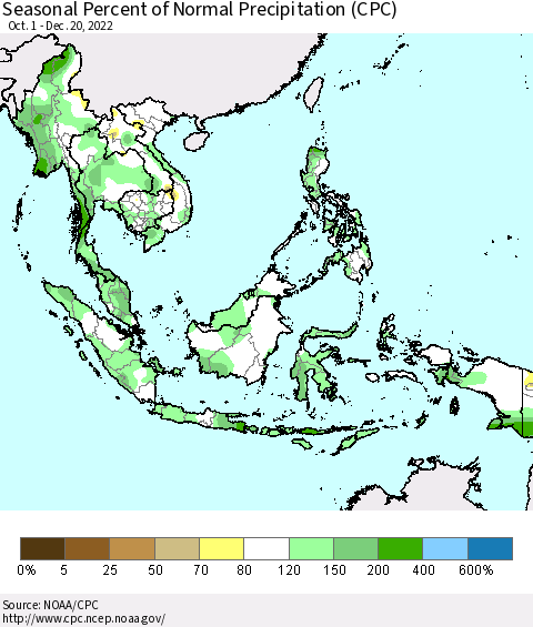 South East Asia Seasonal Percent of Normal Precipitation (CPC) Thematic Map For 10/1/2022 - 12/20/2022