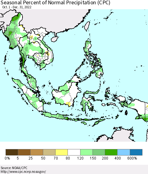 South East Asia Seasonal Percent of Normal Precipitation (CPC) Thematic Map For 10/1/2022 - 12/31/2022