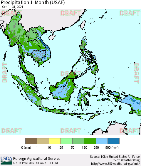 South East Asia Precipitation 1-Month (USAF) Thematic Map For 10/1/2021 - 10/31/2021