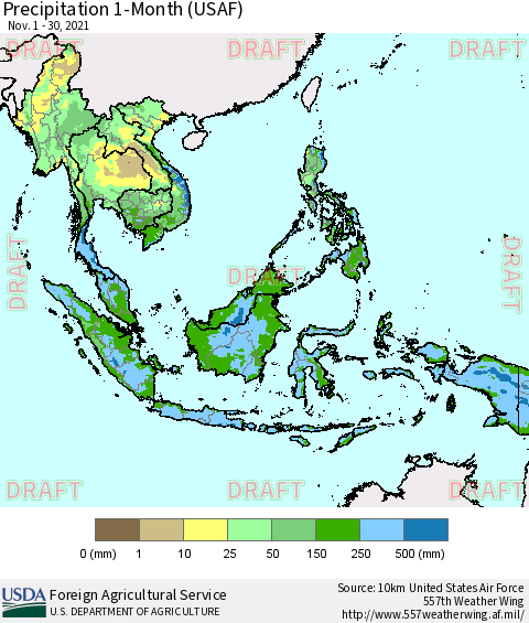 South East Asia Precipitation 1-Month (USAF) Thematic Map For 11/1/2021 - 11/30/2021