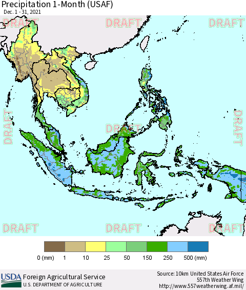 South East Asia Precipitation 1-Month (USAF) Thematic Map For 12/1/2021 - 12/31/2021