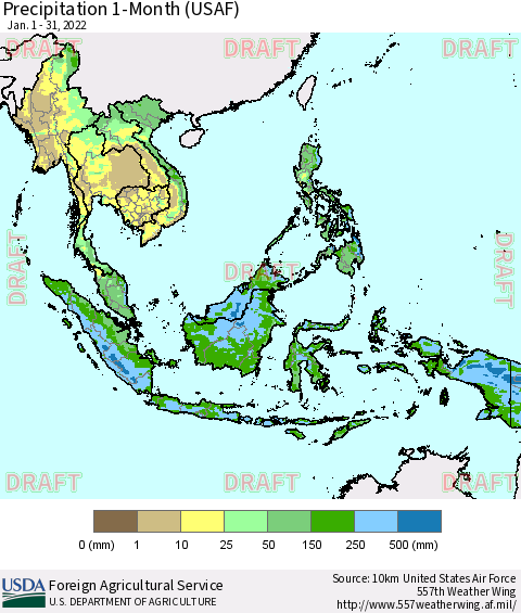 South East Asia Precipitation 1-Month (USAF) Thematic Map For 1/1/2022 - 1/31/2022