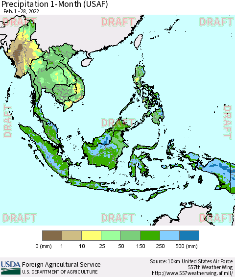 South East Asia Precipitation 1-Month (USAF) Thematic Map For 2/1/2022 - 2/28/2022