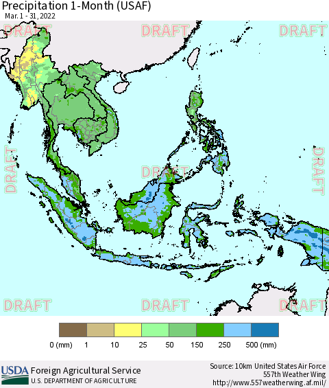 South East Asia Precipitation 1-Month (USAF) Thematic Map For 3/1/2022 - 3/31/2022