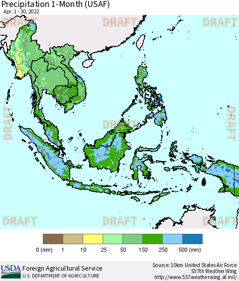 South East Asia Precipitation 1-Month (USAF) Thematic Map For 4/1/2022 - 4/30/2022