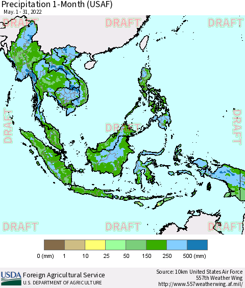 South East Asia Precipitation 1-Month (USAF) Thematic Map For 5/1/2022 - 5/31/2022