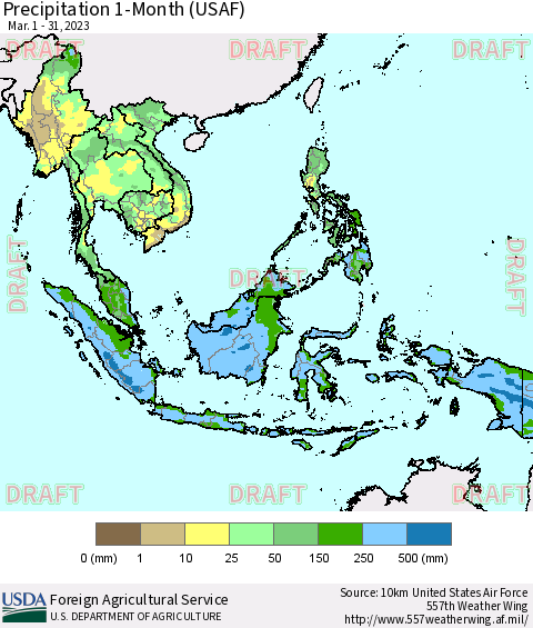 South East Asia Precipitation 1-Month (USAF) Thematic Map For 3/1/2023 - 3/31/2023