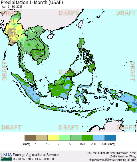 South East Asia Precipitation 1-Month (USAF) Thematic Map For 4/1/2023 - 4/30/2023