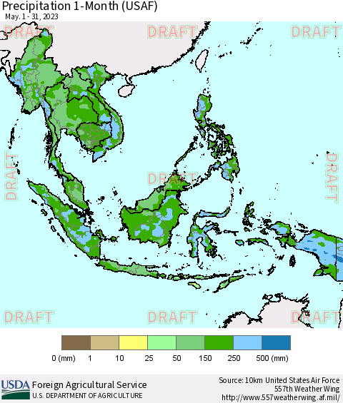 South East Asia Precipitation 1-Month (USAF) Thematic Map For 5/1/2023 - 5/31/2023