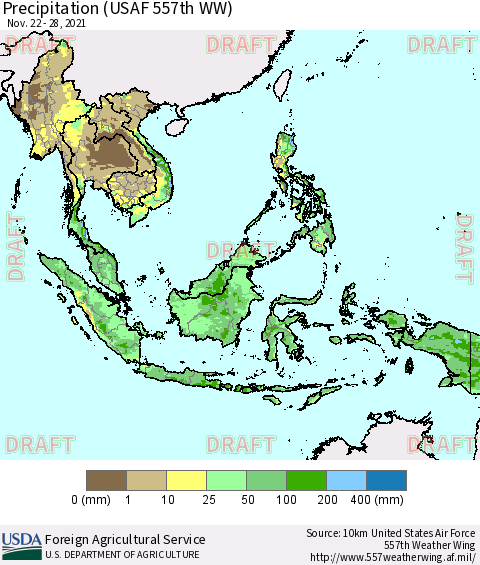 South East Asia Precipitation (USAF 557th WW) Thematic Map For 11/22/2021 - 11/28/2021