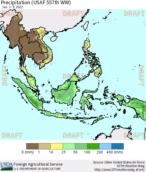 South East Asia Precipitation (USAF 557th WW) Thematic Map For 1/3/2022 - 1/9/2022