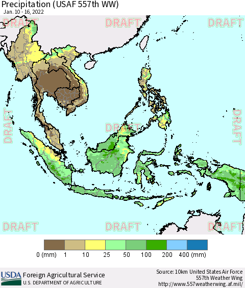 South East Asia Precipitation (USAF 557th WW) Thematic Map For 1/10/2022 - 1/16/2022