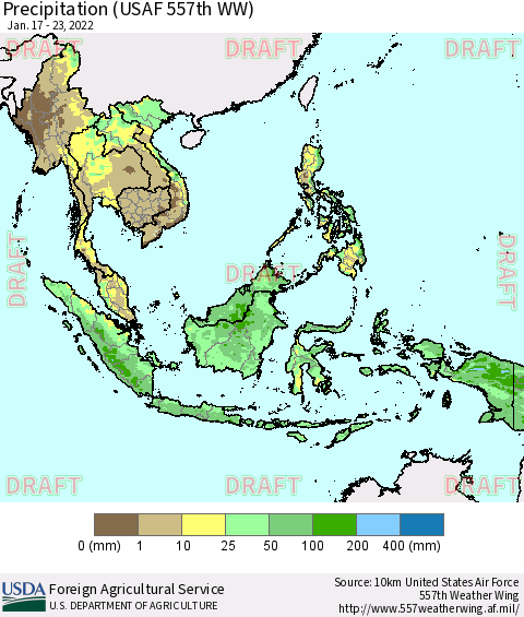 South East Asia Precipitation (USAF 557th WW) Thematic Map For 1/17/2022 - 1/23/2022