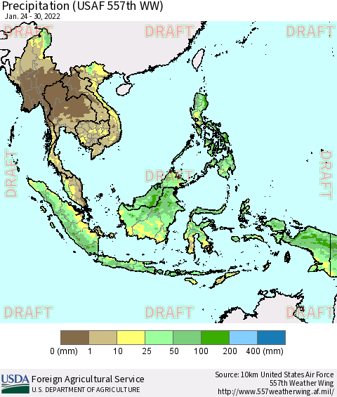South East Asia Precipitation (USAF 557th WW) Thematic Map For 1/24/2022 - 1/30/2022