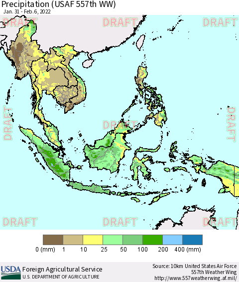 South East Asia Precipitation (USAF 557th WW) Thematic Map For 1/31/2022 - 2/6/2022