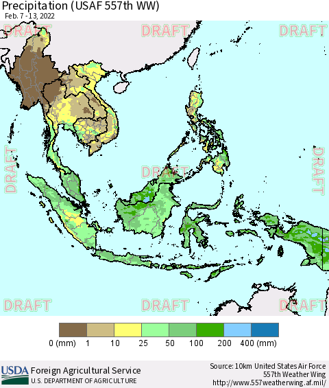 South East Asia Precipitation (USAF 557th WW) Thematic Map For 2/7/2022 - 2/13/2022