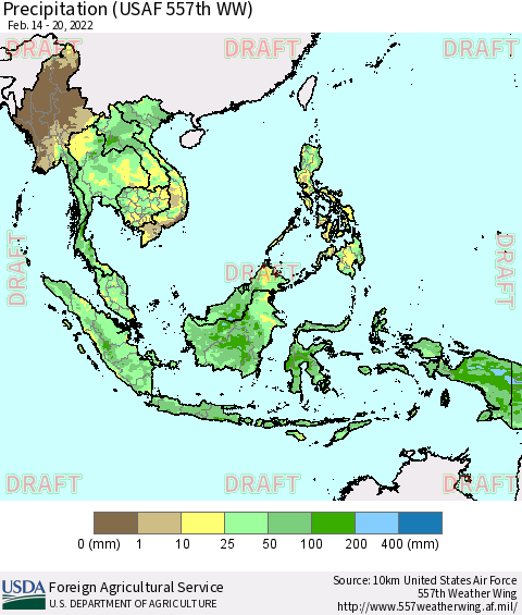 South East Asia Precipitation (USAF 557th WW) Thematic Map For 2/14/2022 - 2/20/2022