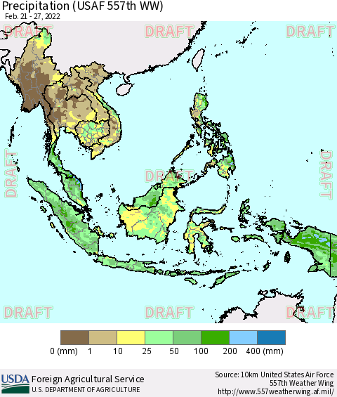 South East Asia Precipitation (USAF 557th WW) Thematic Map For 2/21/2022 - 2/27/2022
