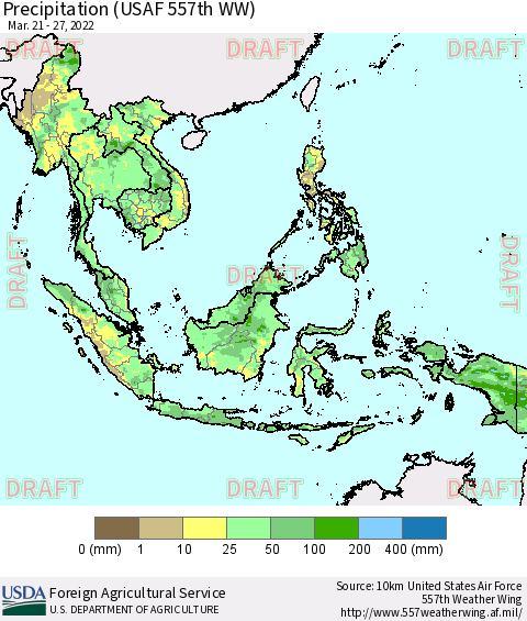 South East Asia Precipitation (USAF 557th WW) Thematic Map For 3/21/2022 - 3/27/2022