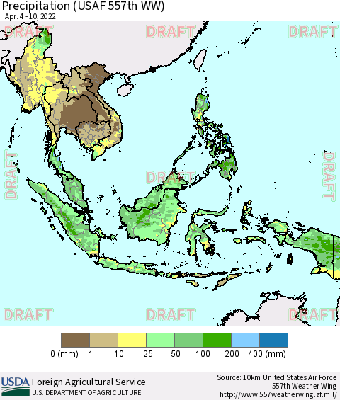 South East Asia Precipitation (USAF 557th WW) Thematic Map For 4/4/2022 - 4/10/2022