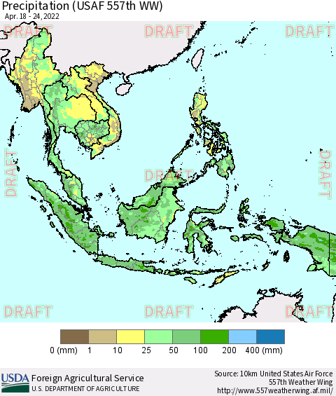 South East Asia Precipitation (USAF 557th WW) Thematic Map For 4/18/2022 - 4/24/2022