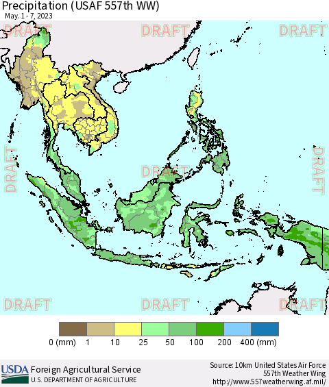 South East Asia Precipitation (USAF 557th WW) Thematic Map For 5/1/2023 - 5/7/2023
