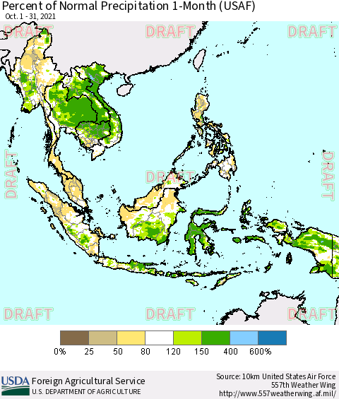 South East Asia Percent of Normal Precipitation 1-Month (USAF) Thematic Map For 10/1/2021 - 10/31/2021