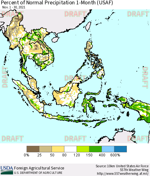 South East Asia Percent of Normal Precipitation 1-Month (USAF) Thematic Map For 11/1/2021 - 11/30/2021