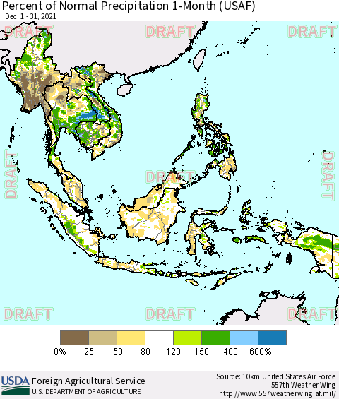 South East Asia Percent of Normal Precipitation 1-Month (USAF) Thematic Map For 12/1/2021 - 12/31/2021