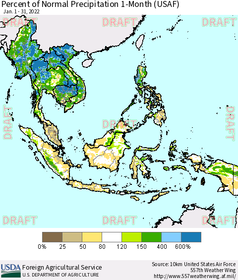 South East Asia Percent of Normal Precipitation 1-Month (USAF) Thematic Map For 1/1/2022 - 1/31/2022