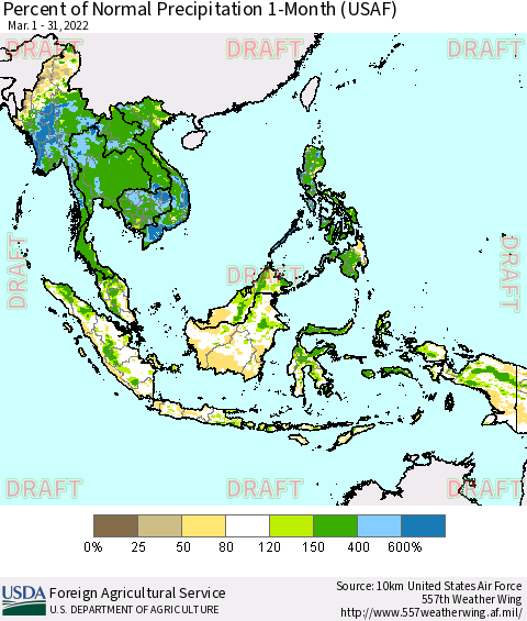 South East Asia Percent of Normal Precipitation 1-Month (USAF) Thematic Map For 3/1/2022 - 3/31/2022