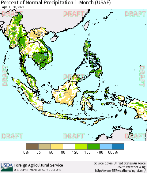 South East Asia Percent of Normal Precipitation 1-Month (USAF) Thematic Map For 4/1/2022 - 4/30/2022