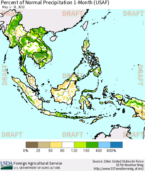 South East Asia Percent of Normal Precipitation 1-Month (USAF) Thematic Map For 5/1/2022 - 5/31/2022