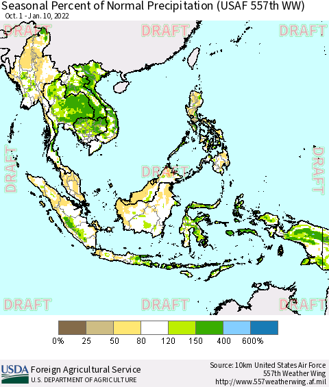 South East Asia Seasonal Percent of Normal Precipitation (USAF 557th WW) Thematic Map For 10/1/2021 - 1/10/2022