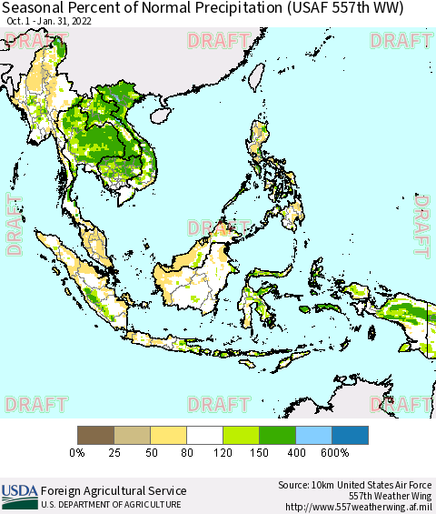 South East Asia Seasonal Percent of Normal Precipitation (USAF 557th WW) Thematic Map For 10/1/2021 - 1/31/2022