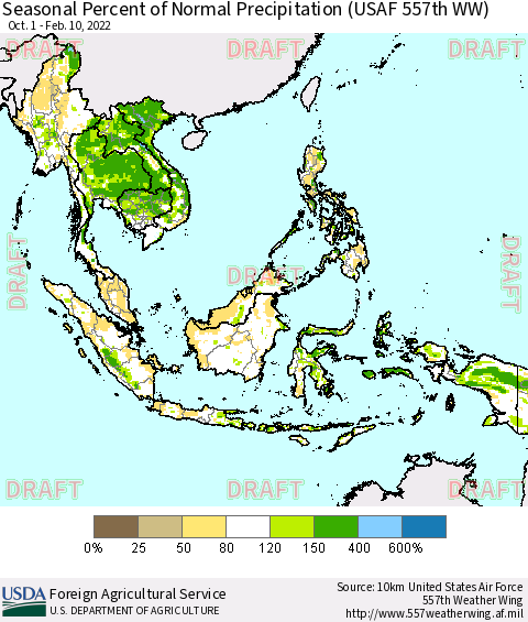 South East Asia Seasonal Percent of Normal Precipitation (USAF 557th WW) Thematic Map For 10/1/2021 - 2/10/2022