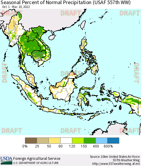 South East Asia Seasonal Percent of Normal Precipitation (USAF 557th WW) Thematic Map For 10/1/2021 - 3/10/2022