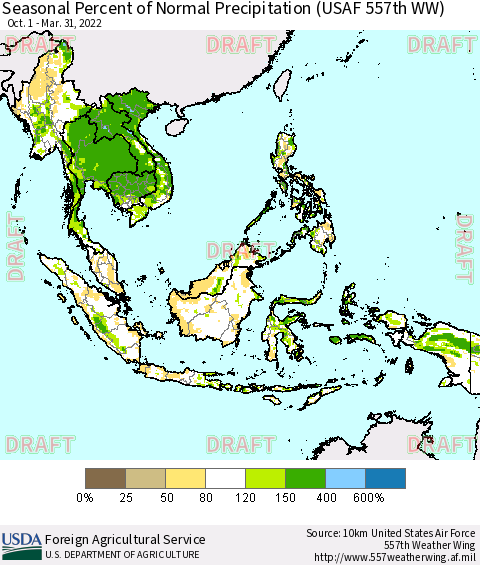 South East Asia Seasonal Percent of Normal Precipitation (USAF 557th WW) Thematic Map For 10/1/2021 - 3/31/2022