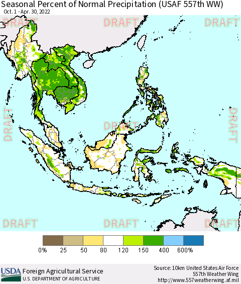 South East Asia Seasonal Percent of Normal Precipitation (USAF 557th WW) Thematic Map For 10/1/2021 - 4/30/2022