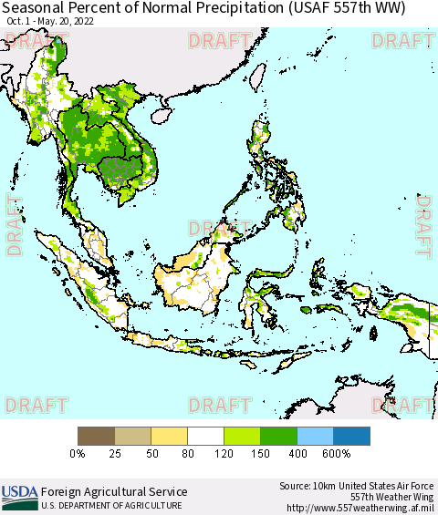 South East Asia Seasonal Percent of Normal Precipitation (USAF 557th WW) Thematic Map For 10/1/2021 - 5/20/2022