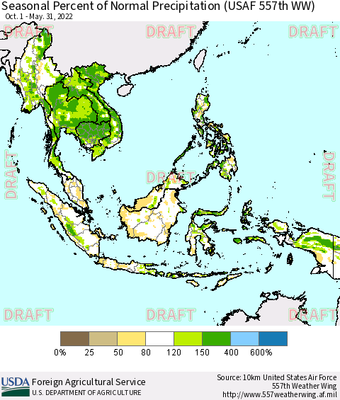 South East Asia Seasonal Percent of Normal Precipitation (USAF 557th WW) Thematic Map For 10/1/2021 - 5/31/2022
