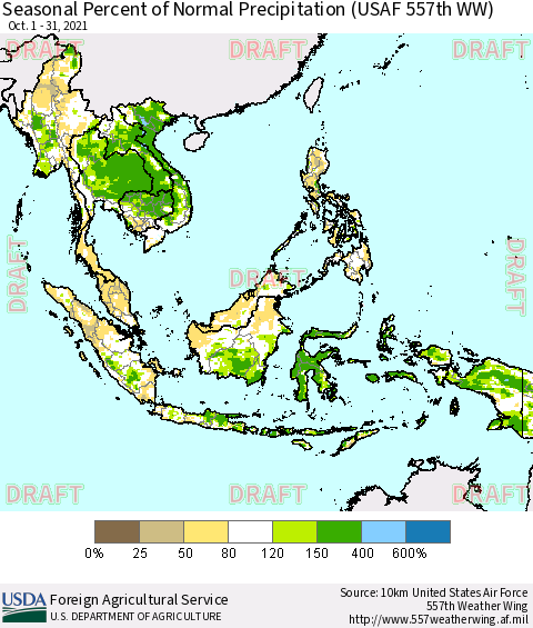 South East Asia Seasonal Percent of Normal Precipitation (USAF 557th WW) Thematic Map For 10/1/2021 - 10/31/2021