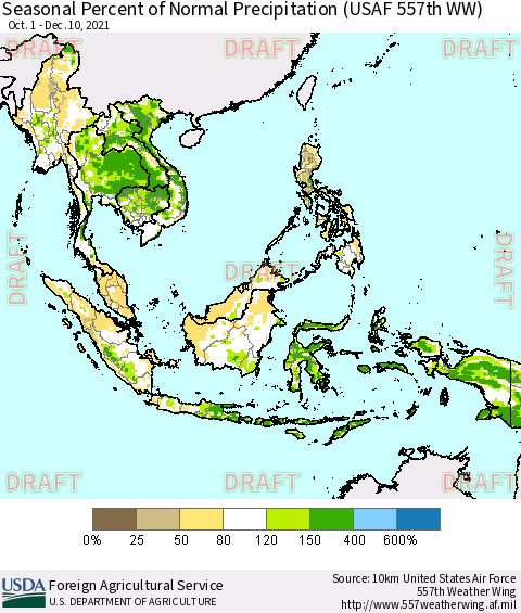 South East Asia Seasonal Percent of Normal Precipitation (USAF 557th WW) Thematic Map For 10/1/2021 - 12/10/2021