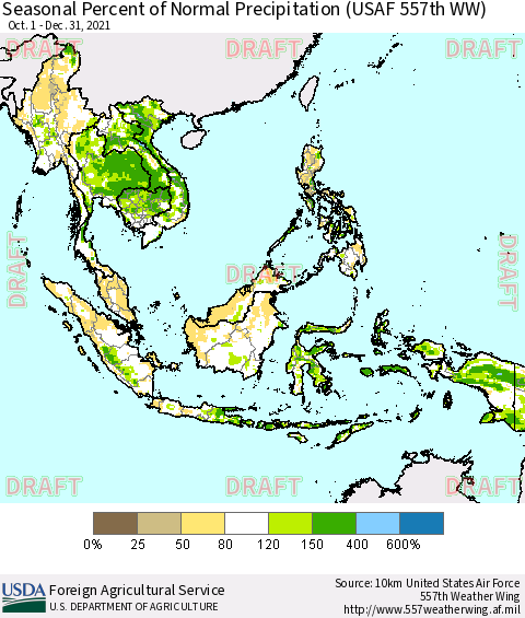 South East Asia Seasonal Percent of Normal Precipitation (USAF 557th WW) Thematic Map For 10/1/2021 - 12/31/2021