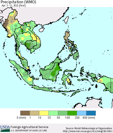 South East Asia Precipitation (WMO) Thematic Map For 4/5/2021 - 4/11/2021