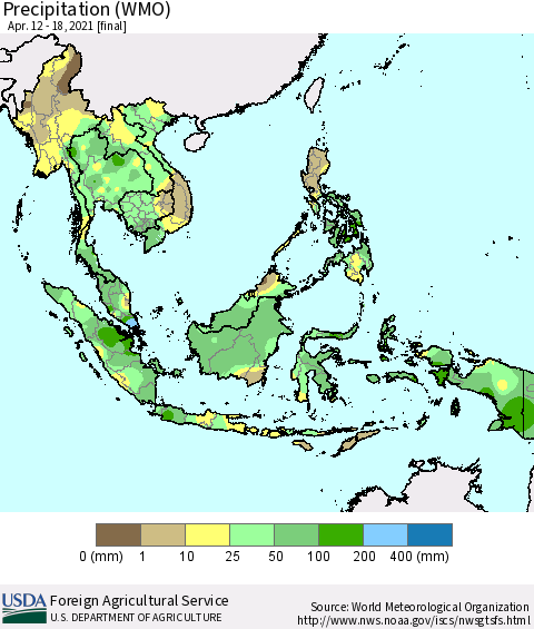 South East Asia Precipitation (WMO) Thematic Map For 4/12/2021 - 4/18/2021