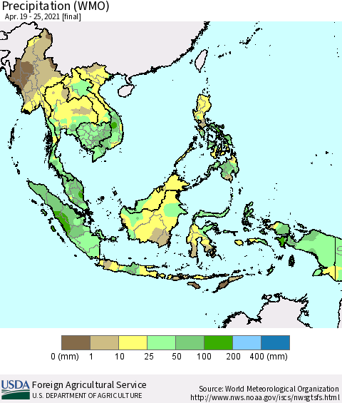 South East Asia Precipitation (WMO) Thematic Map For 4/19/2021 - 4/25/2021