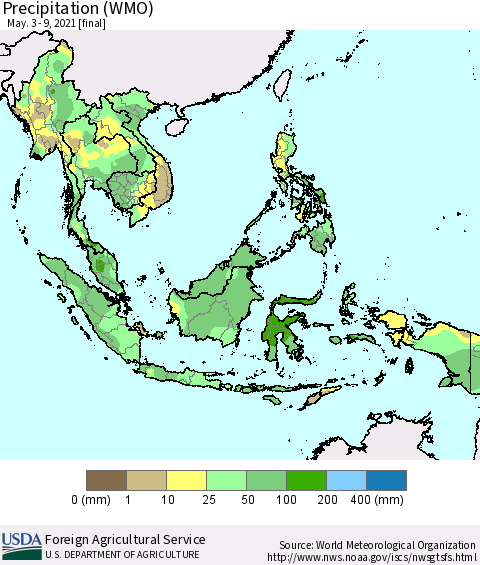 South East Asia Precipitation (WMO) Thematic Map For 5/3/2021 - 5/9/2021